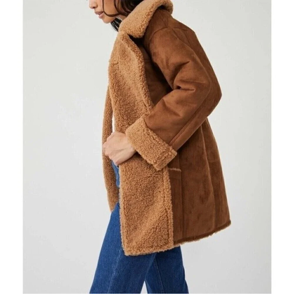 Free People Diogo Sherpa Suede Coat / Toasted Almond NWT - Picture 2 of 6